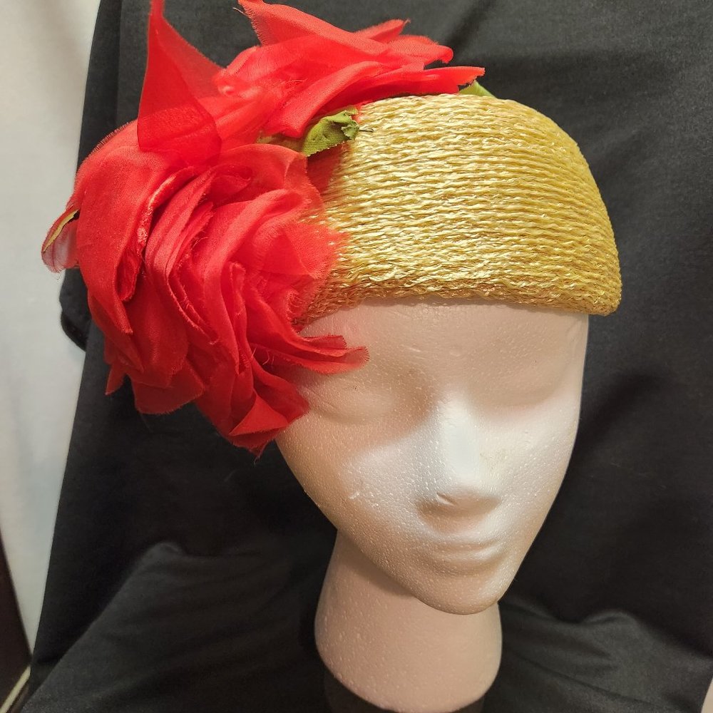 Vintage Leslie James Straw Hat Red Chiffon flowers size 22